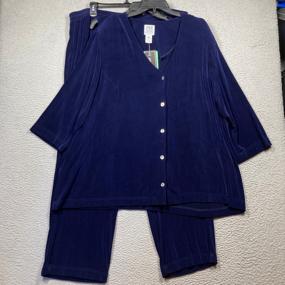 Vtg R&M Richards 3-Piece Pant Set Women 26WP Navy Blue Slinky Cardigan Tank Pant